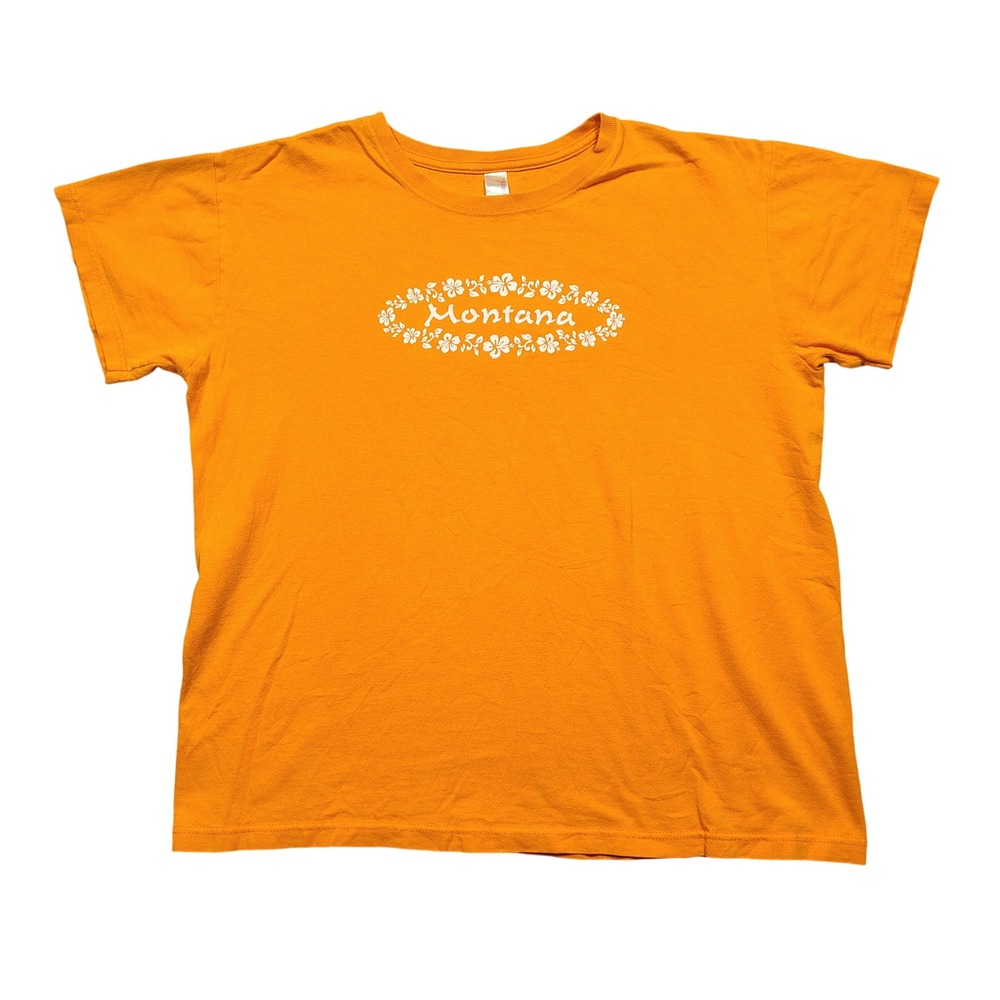 Anvil Graphic T-Shirt Women Large Montana Floral Wreath Orange Short Sleeve Tee